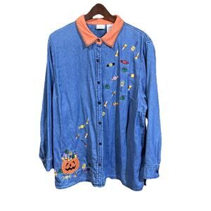 Vtg White Stag Halloween Embroidered Denim Shirt Women's Size 22W/24W Pumpkin